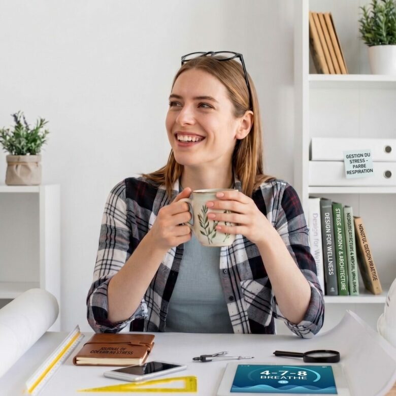 Une salariée souriante prend une pause détendue à son bureau pour illustrer l'atelier gestion du stress de C2D SMC