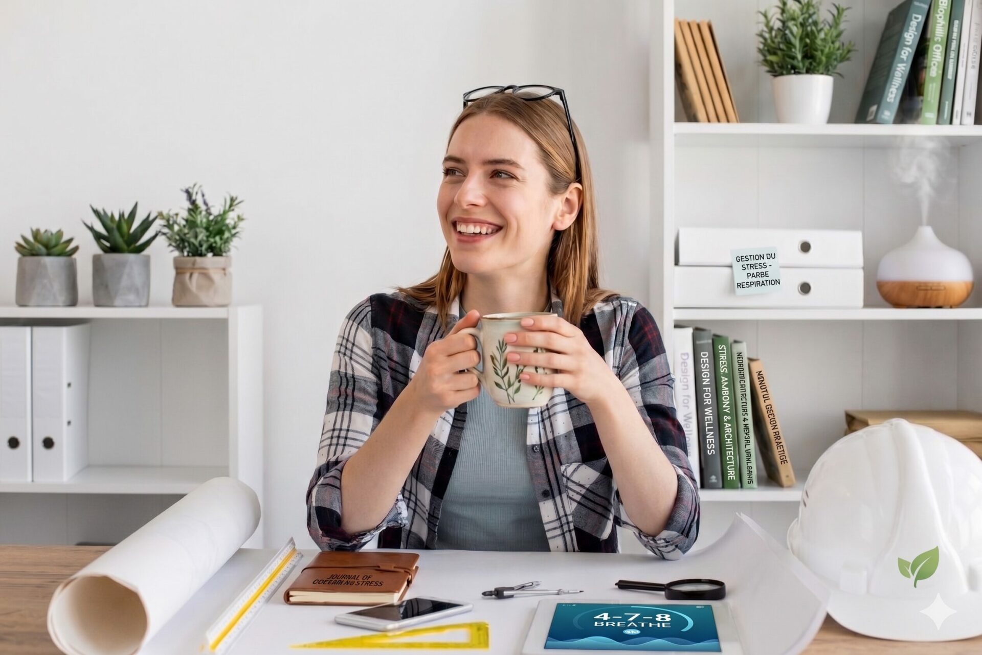 Une salariée souriante prend une pause détendue à son bureau pour illustrer l'atelier gestion du stress de C2D SMC