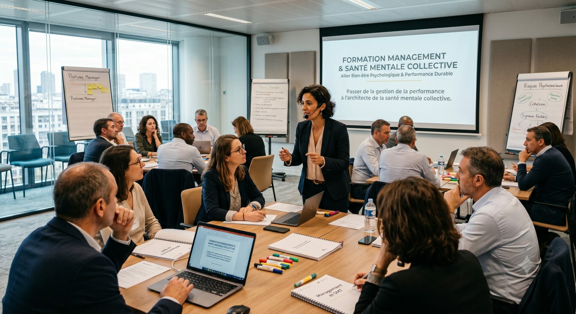 Une formatrice anime une session de formation management et culture sécurité pour C2D Prévention