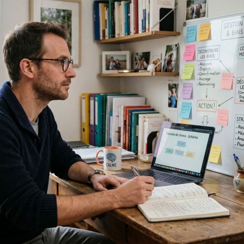 Un homme à son bureau analyse un projet de gestion du stress et de biais cognitifs pour C2D SMC